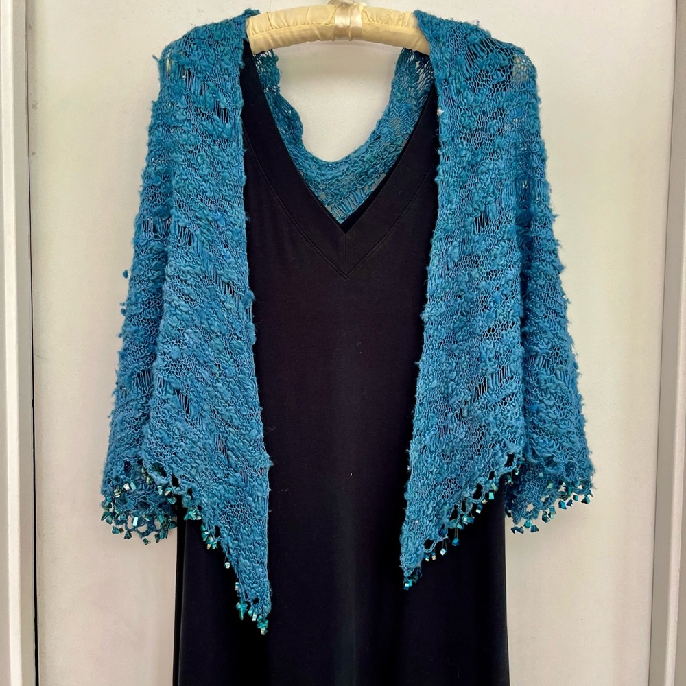 Teal blue hand knitted shawl